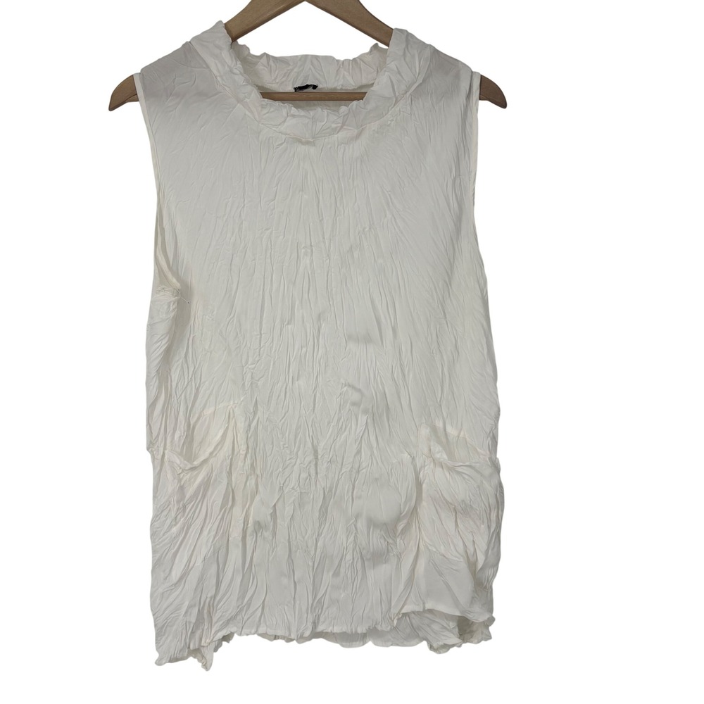 Shana White Crinkle Pleated Funnel Neck Sleeveless Lagenlook Top XL Pockets